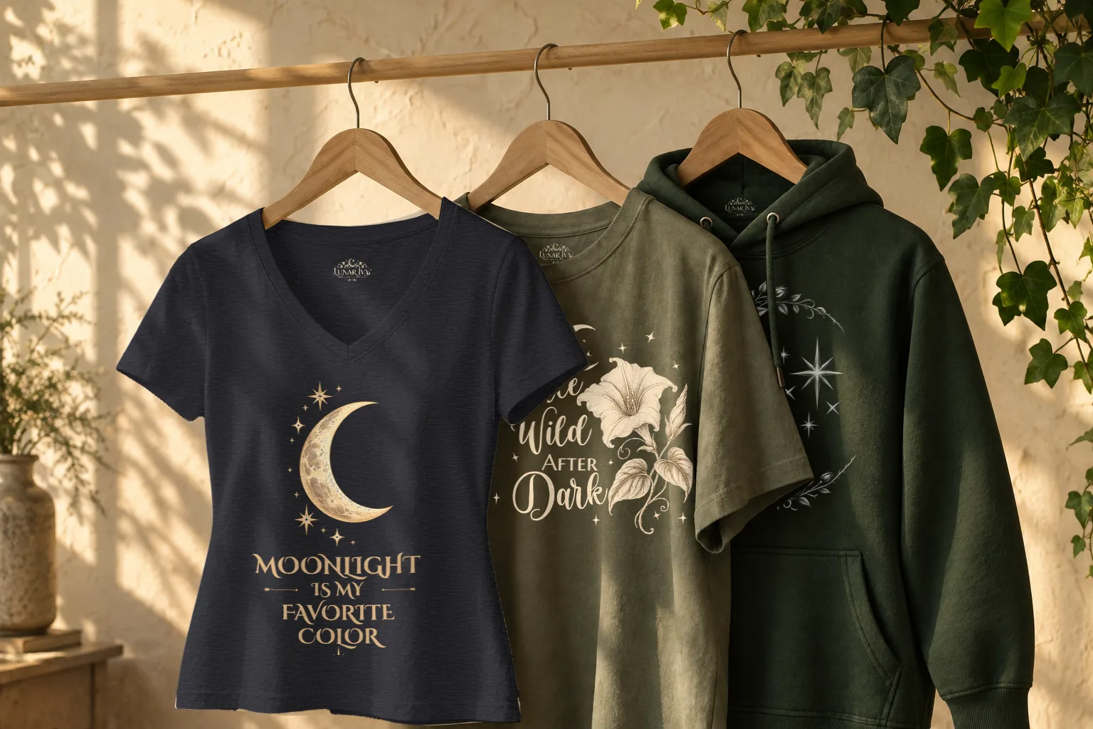 Celestial designs on a charcoal V-neck, an olive top and a forest-green hoodie in a sunlit studio